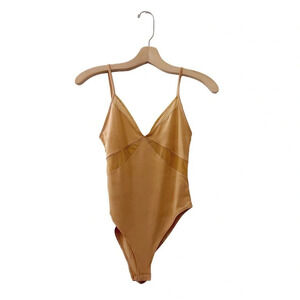 Zara Mesh Paneled Bodysuit Tan Orange One Piece